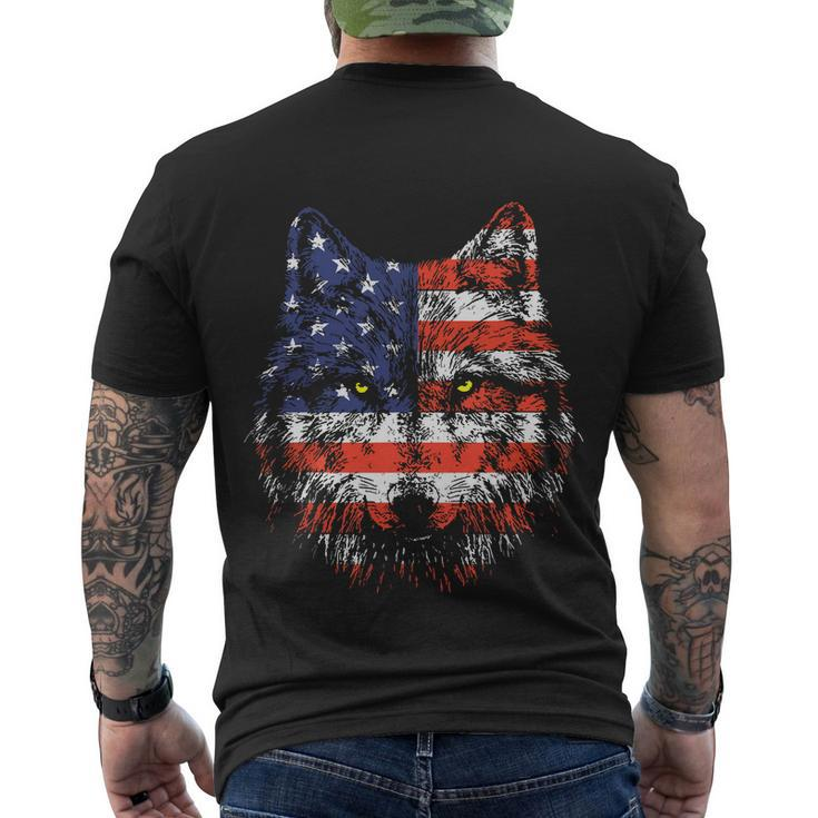 Wolf American Flag Usa 4Th Of July Patriotic Wolf Lover Men's Crewneck Short Sleeve Back Print T-shirt