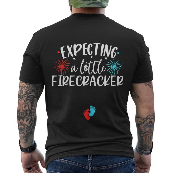 Womens Expecting A Little Firecracker Funny 4Th Of July Pregnant Men's Crewneck Short Sleeve Back Print T-shirt