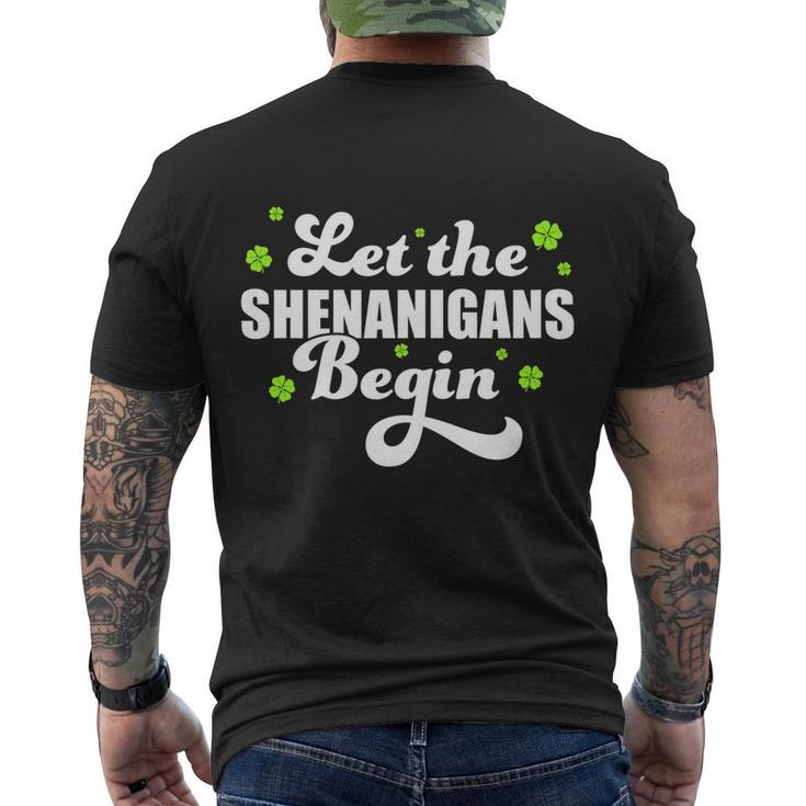 Womens St Patricks Day Let The Shenanigans Begin Shamrock Clover Men's Crewneck Short Sleeve Back Print T-shirt