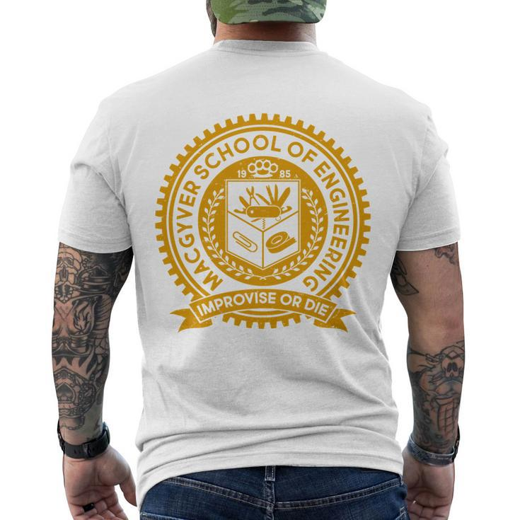 Cool Macgyver School Of Engineering Improvise Or Die Est 1985 Emblem Men's Crewneck Short Sleeve Back Print T-shirt