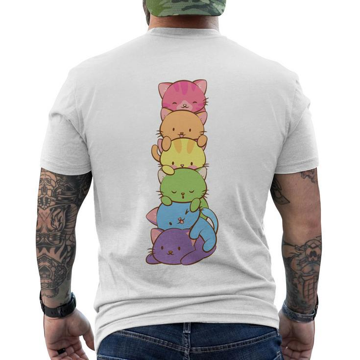 Cute Lgbt Rainbow Gay Pride Flag Kawaii Cat Pile Anime Art Gift Men's Crewneck Short Sleeve Back Print T-shirt