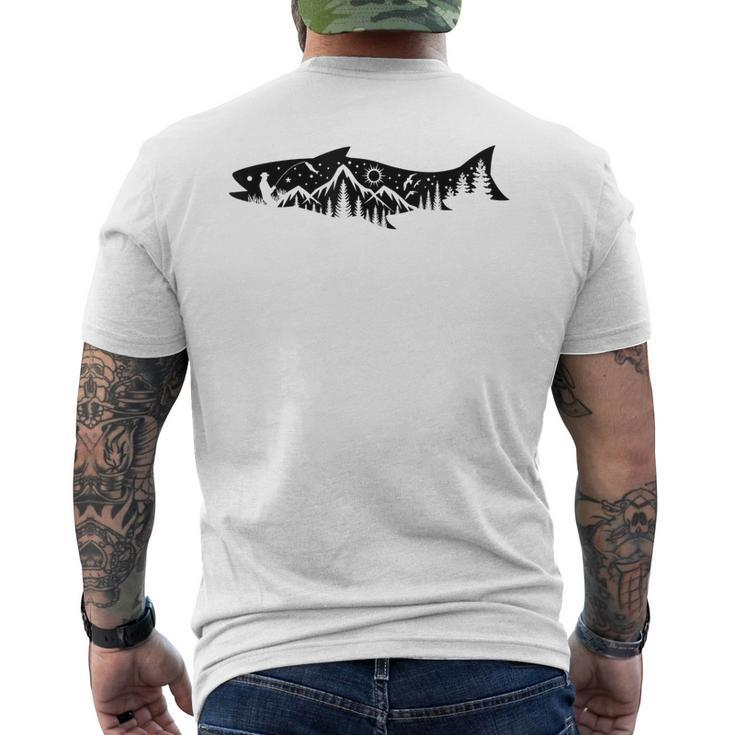 Fishing Forest Mountain Silhouette Outdoor Adventure Fishing Men's T-shirt Back Print