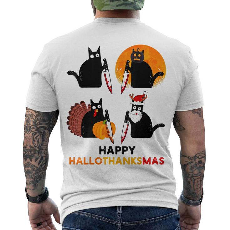 Happy Hallothanksmas Black Cat Halloween Thanksgiving Men's T-shirt Back Print