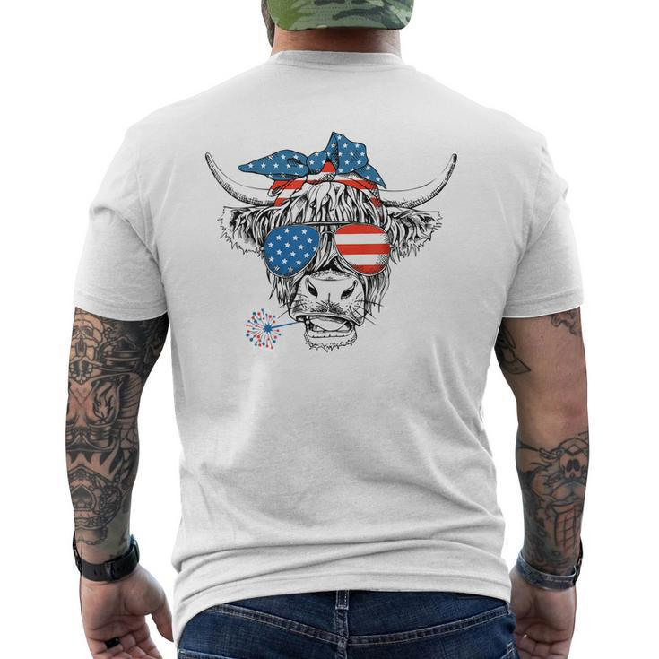 Highland Cow Us Flag Glasses Patriotic July 4Th Men's T-shirt Back Print