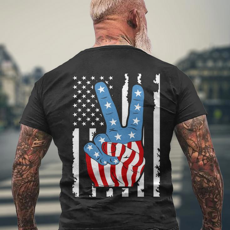 4Th Of July Peace Hand American Flag Men's Crewneck Short Sleeve Back Print T-shirt Gifts for Old Men