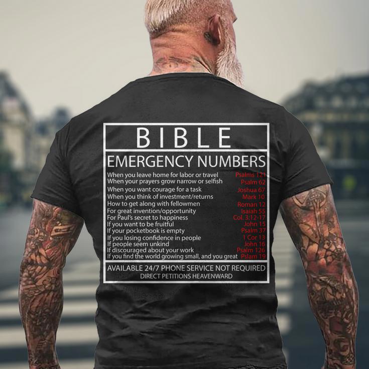 Bible Emergency Hotline Numbers Men's Crewneck Short Sleeve Back Print T-shirt Gifts for Old Men