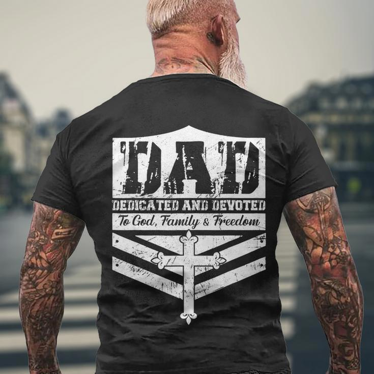 Dad Dedicated And Devoted To God Family & Freedom Men's Crewneck Short Sleeve Back Print T-shirt Gifts for Old Men