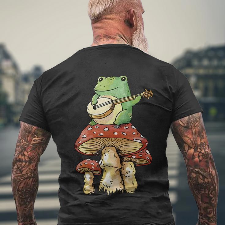 Frog Playing Banjo On Mushroom Cute Cottagecore Aesthetic Men's Crewneck Short Sleeve Back Print T-shirt Gifts for Old Men