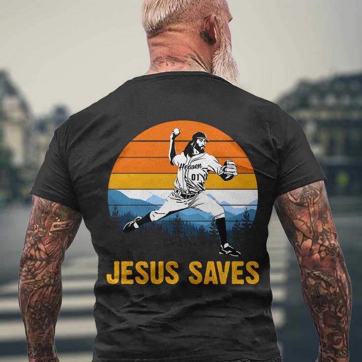 Jesus Saves Retro Baseball Pitcher Men's Crewneck Short Sleeve Back Print T-shirt Gifts for Old Men