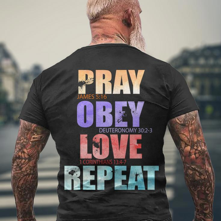 Pray Obey Love Repeat Christian Bible Quote Men's Crewneck Short Sleeve Back Print T-shirt Gifts for Old Men