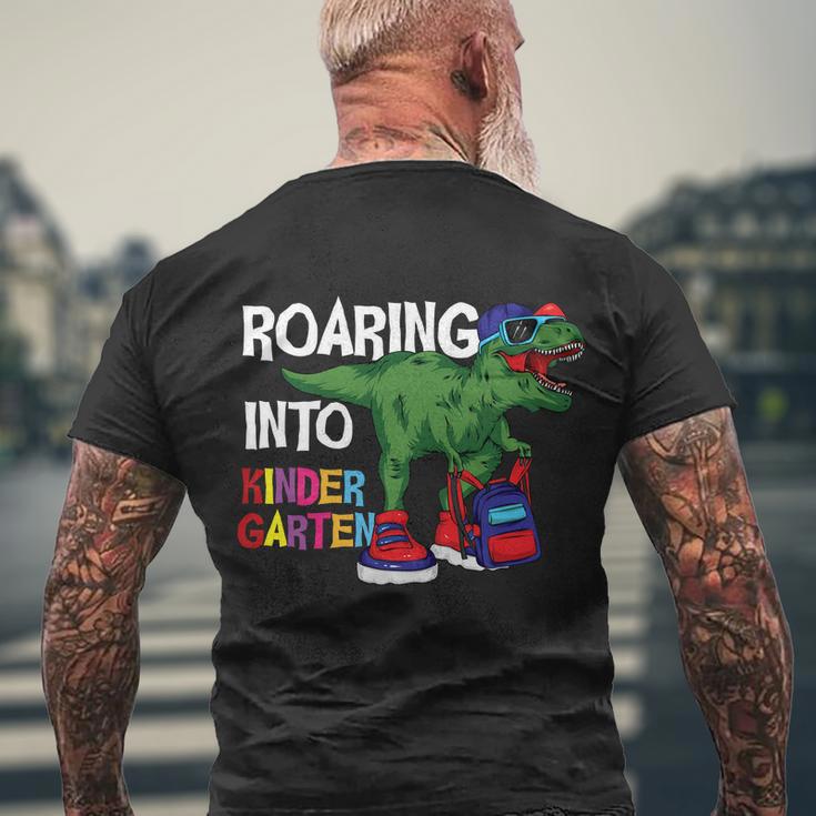 Roaring Into Kindergarten Dinosaur Back To School Men's Crewneck Short Sleeve Back Print T-shirt Gifts for Old Men