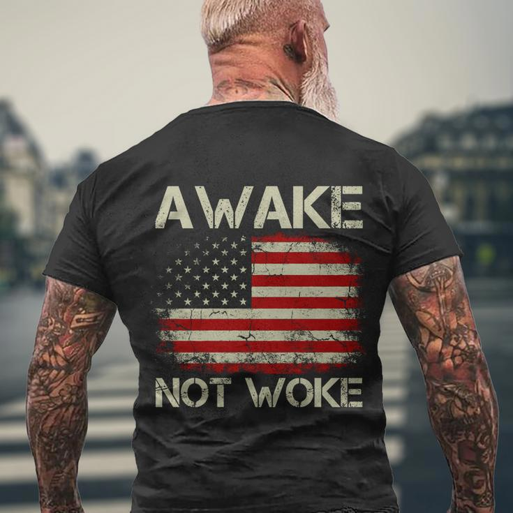 Vintage Old American Flag Awake Not Woke Tshirt Men's Crewneck Short Sleeve Back Print T-shirt Gifts for Old Men
