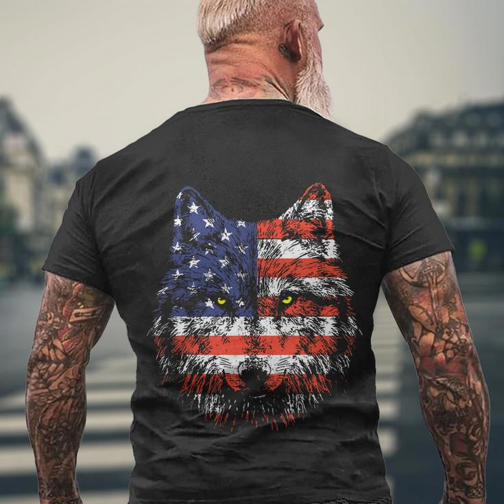 Wolf American Flag Usa 4Th Of July Patriotic Wolf Lover Men's Crewneck Short Sleeve Back Print T-shirt Gifts for Old Men