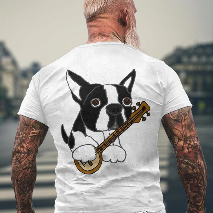 Boston Terrier Dog Playing Banjo Men's Back Print T-shirt Gifts for Old Men
