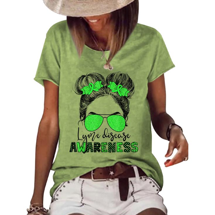 Lyme Disease Awareness Messy Hair Bun For Girl  Women's Short Sleeve Loose T-shirt