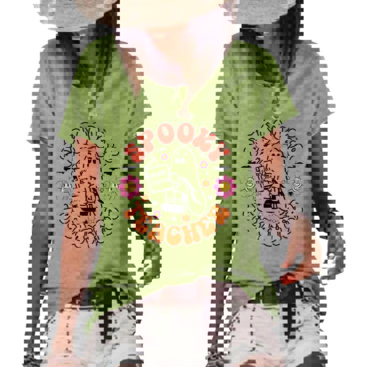 Cute Ghost Book Reading Halloween Teacher Spooky Teacher Women's Short Sleeve Loose T-shirt Cute Ghost Book Reading Halloween Teacher Spooky Teacher Women's Short Sleeve Loose T-shirt