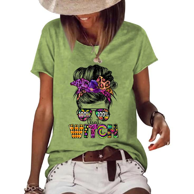100 That Witch Halloween Costume Messy Bun Skull Witch Girl Women's Loose T-shirt