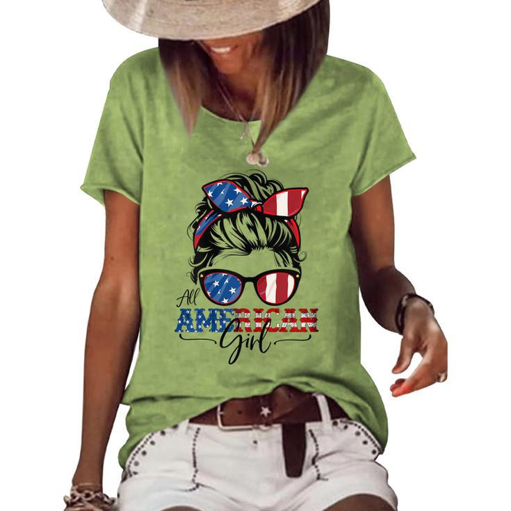 All American Girl 4Th Of July Women Messy Bun Usa Flag V2 Women's Loose T-shirt