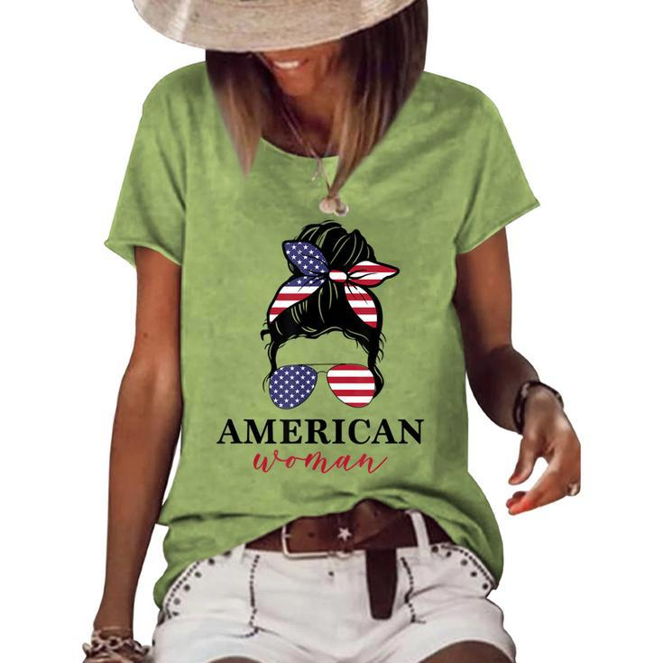 All American Girl Messy Bun Flag 4Th Of July Sunglasses Women's Loose T-shirt