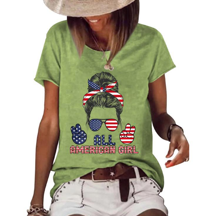 All American Girl Messy Bun American Flag 4Th Of July V2 Women's Loose T-shirt