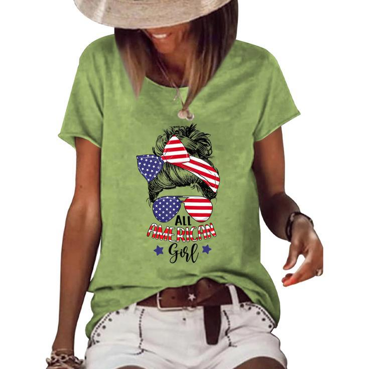 All American Girl Messy Bun Usa Flag Patriotic 4Th Of July V2 Women's Loose T-shirt