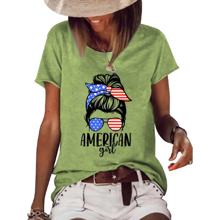American Girl Messy Hair Bun Usa Flag Patriotic 4Th Of July Women's Loose T-shirt
