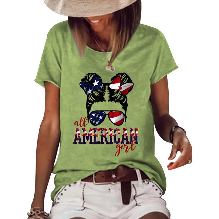 All American Girl Messy Hair Bun Woman Patriotic 4Th Of July V2 Women's Loose T-shirt