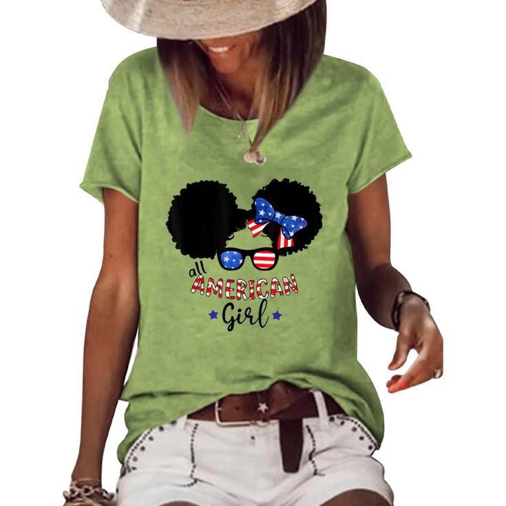All American Girls 4Th Of July Black African Messy Bun Women's Loose T-shirt
