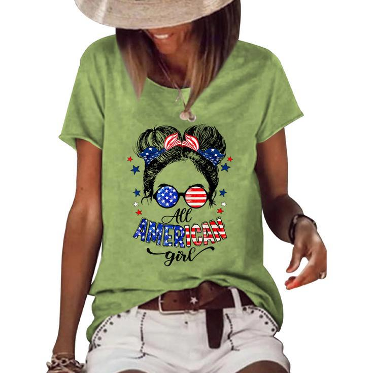 All American Girls 4Th Of July Daughter Messy Bun Usa V4 Women's Loose T-shirt
