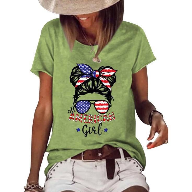 All American Girls 4Th Of July Daughter Messy Bun Usa V5 Women's Loose T-shirt