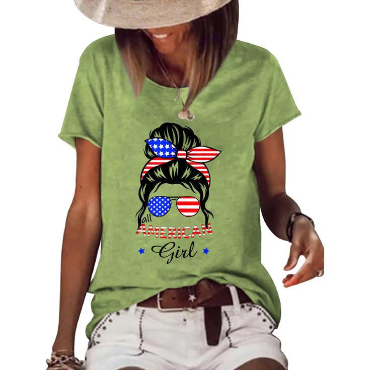 All American Girls 4Th Of July Daughter Messy Bun Usa V6 Women's Loose T-shirt