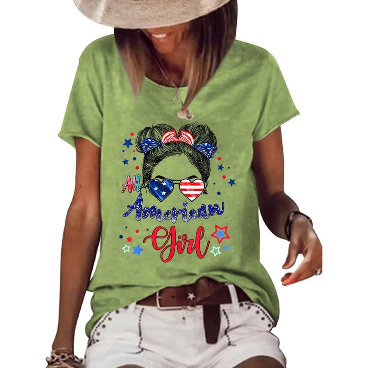 All American Girls 4Th Of July Daughter Messy Bun Usa V7 Women's Loose T-shirt