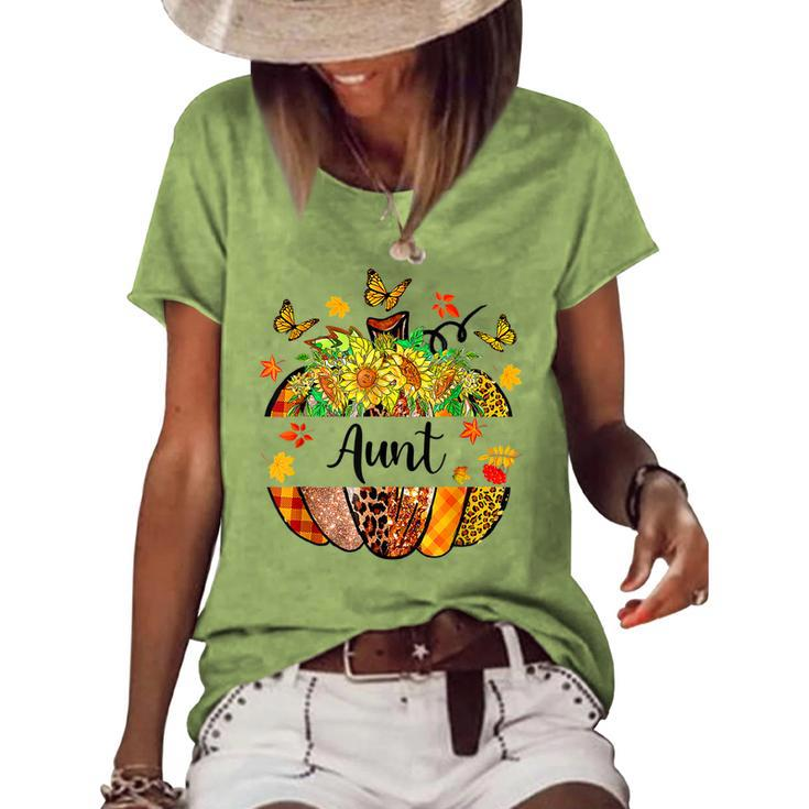 Aunt Fall Leopard Pumpkin Sunflowers Autumn Thanksgiving  V2 Women's Short Sleeve Loose T-shirt
