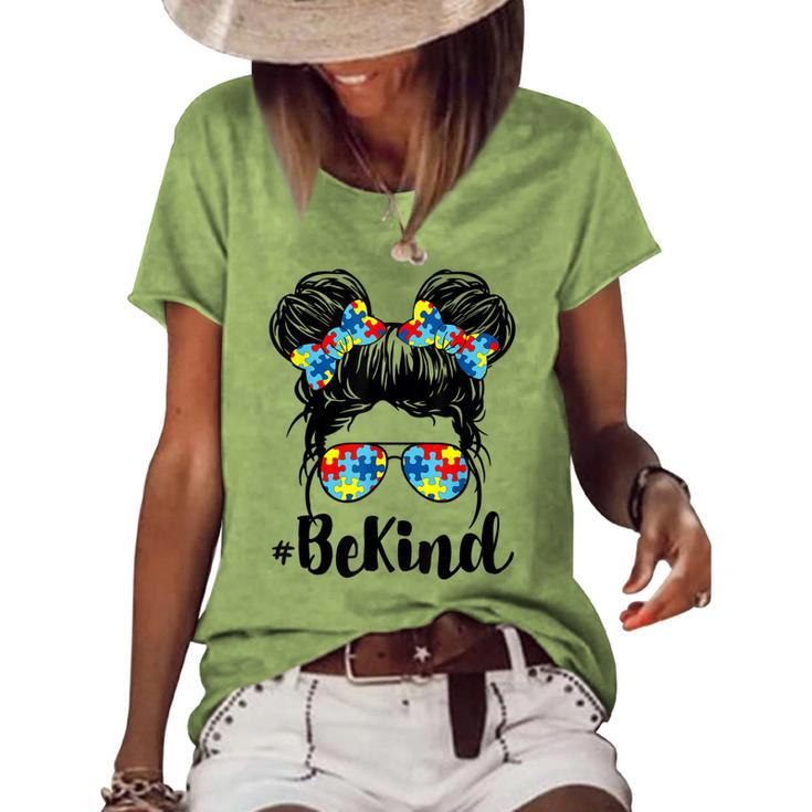 Be Kind Autism Awareness Messy Bun Girl   Women's Short Sleeve Loose T-shirt