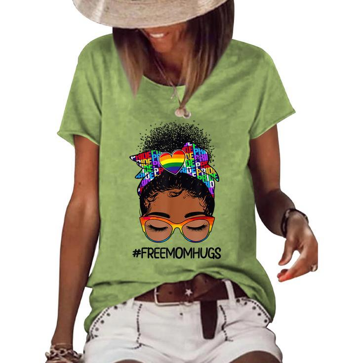 Black Women Free Mom Hugs Messy Bun Lgbtq Lgbt Pride Month  Women's Short Sleeve Loose T-shirt