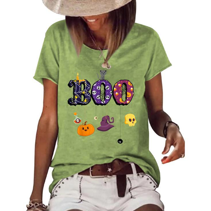 Boo Halloween Costume Spiders Ghosts Pumkin & Witch Hat V2 Women's Loose T-shirt
