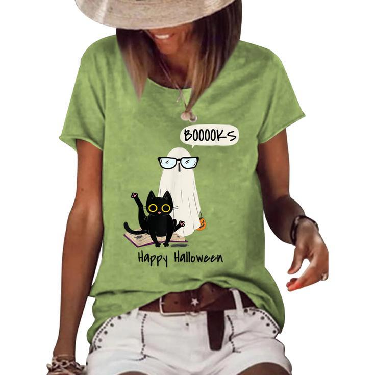 Book Lover Halloween Boooks Ghost Boo And Black Cat Cute Women's Loose T-shirt