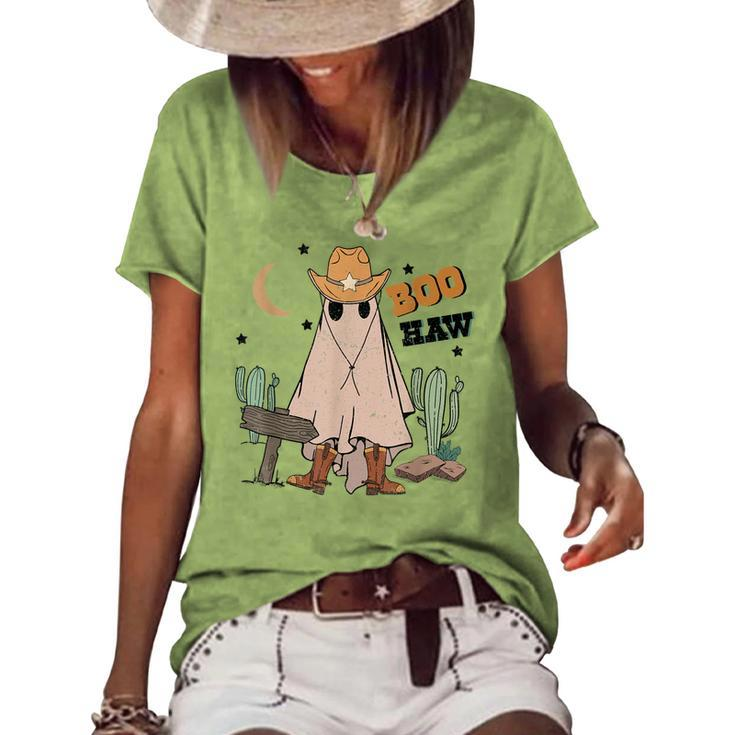 Cowboy Boo How Retro Ghost Halloween Costume Desert Cactus  Women's Short Sleeve Loose T-shirt