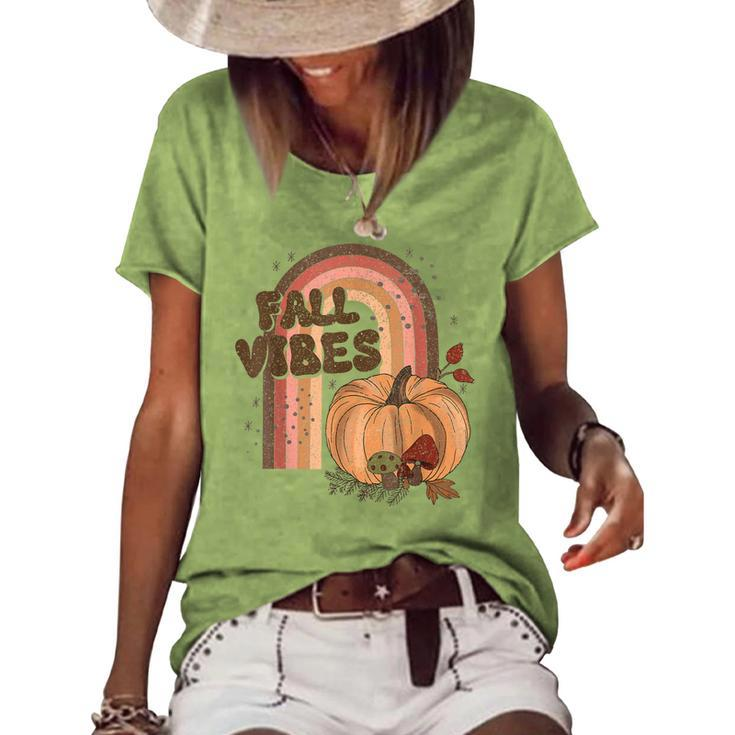 Fall Vibes Retro Rainbow Fall Autumn Pumpkin Hippie  Women's Short Sleeve Loose T-shirt