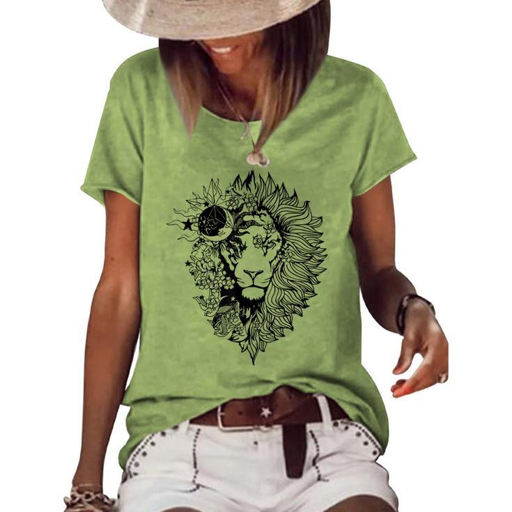 Floral Lion For Women Lion Flower Animal Lover Graphic Art  Women's Short Sleeve Loose T-shirt
