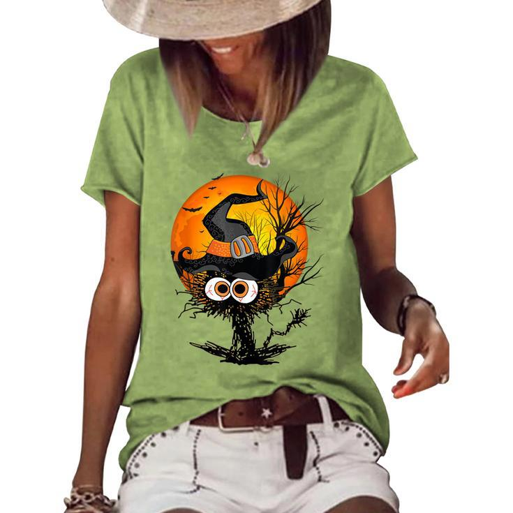 Funny Halloween Black Cat Costume Witch Hat & Moon Men Women  Women's Short Sleeve Loose T-shirt