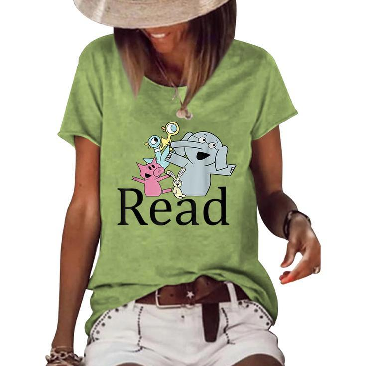 Funny Read Book Club Piggie Elephant Pigeons Teacher  Women's Short Sleeve Loose T-shirt