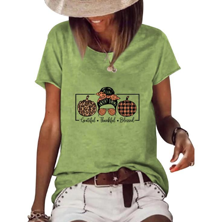 Grateful Thankful Blessed Messy Bun Girl Pumpkin Fall Women's Loose T-shirt