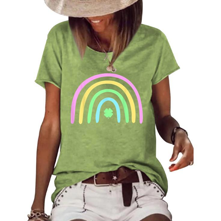 Green Four Leaf Clover Rainbow St Patricks Day  Women's Short Sleeve Loose T-shirt