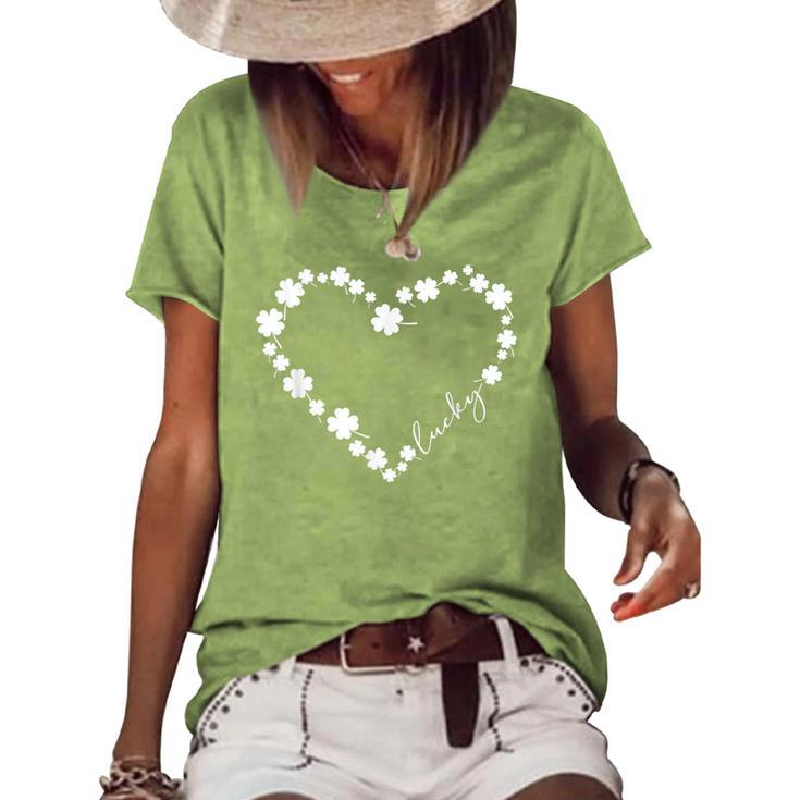Green Shamrock Lucky Heart Clover St Patricks Day Women Girl  Women's Short Sleeve Loose T-shirt