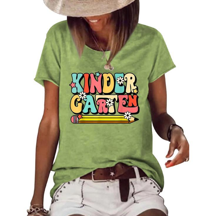 Groovy Hello Kindergarten Vibes Retro Teacher Back To School  Women's Short Sleeve Loose T-shirt