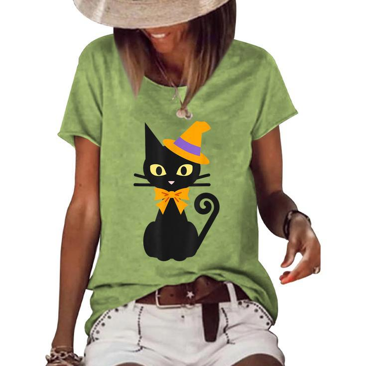Halloween Black Cat With Hat And Bow Japanese Women's Loose T-shirt