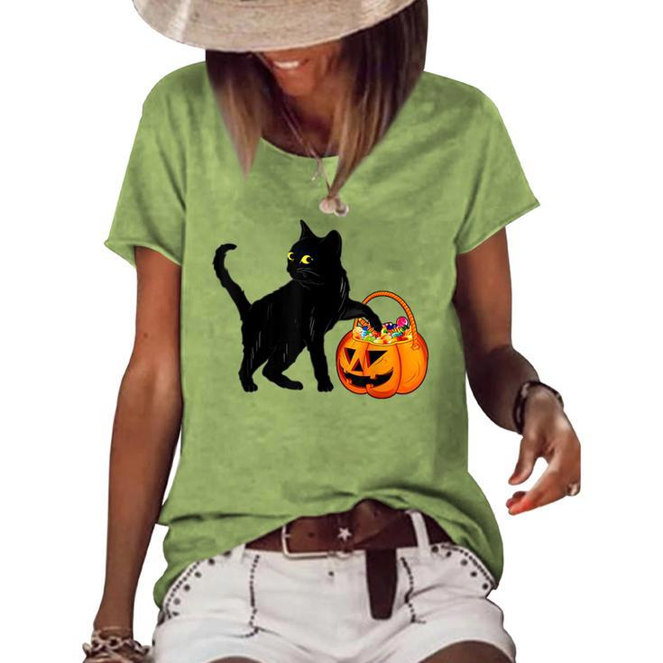 Halloween Black Cat Jack O Lantern Pumpkin Sweet Candy Women's Loose T-shirt