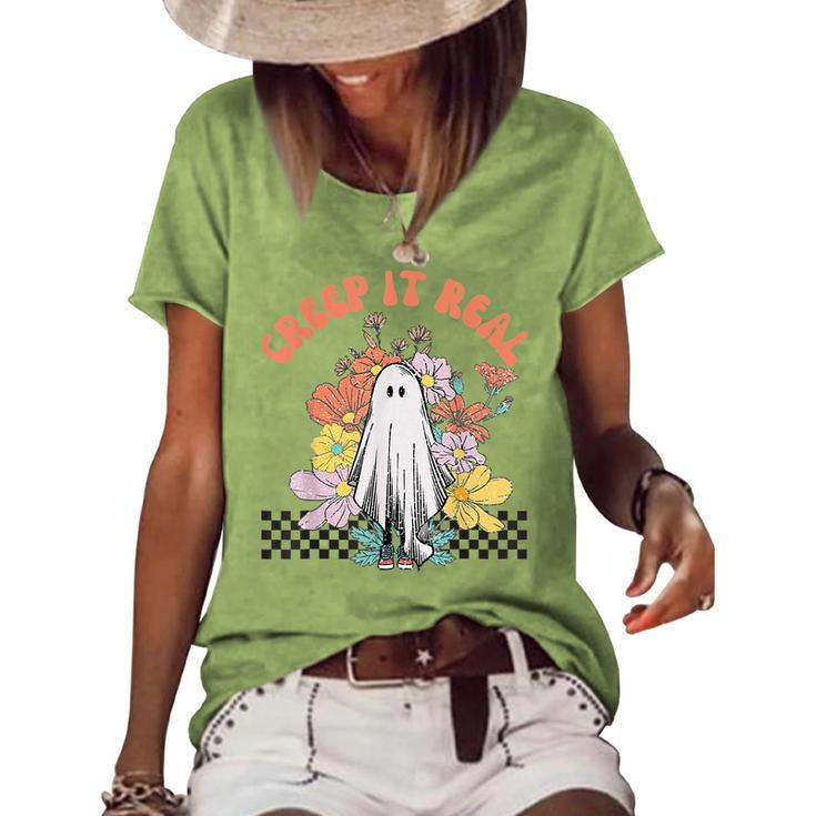 Halloween Costume Retro Creep It Real Ghost With Flowers  Women's Short Sleeve Loose T-shirt