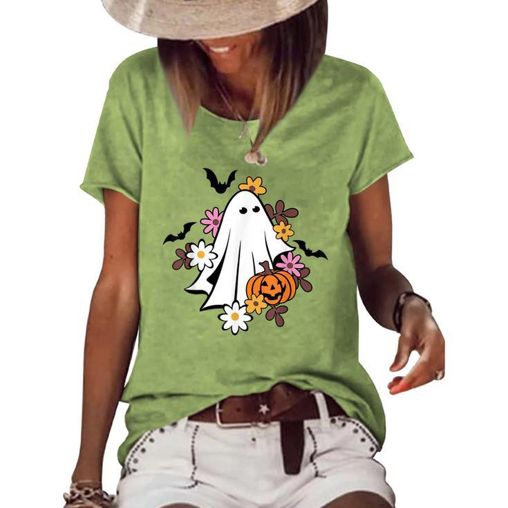 Halloween Ghost Vintage Groovy Trick Or Treat Spooky Vibes  Women's Short Sleeve Loose T-shirt